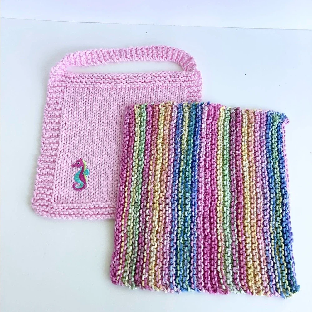 Baby Bib Set Hand Crafted Pink Knit Cotton Seahorse Colorful